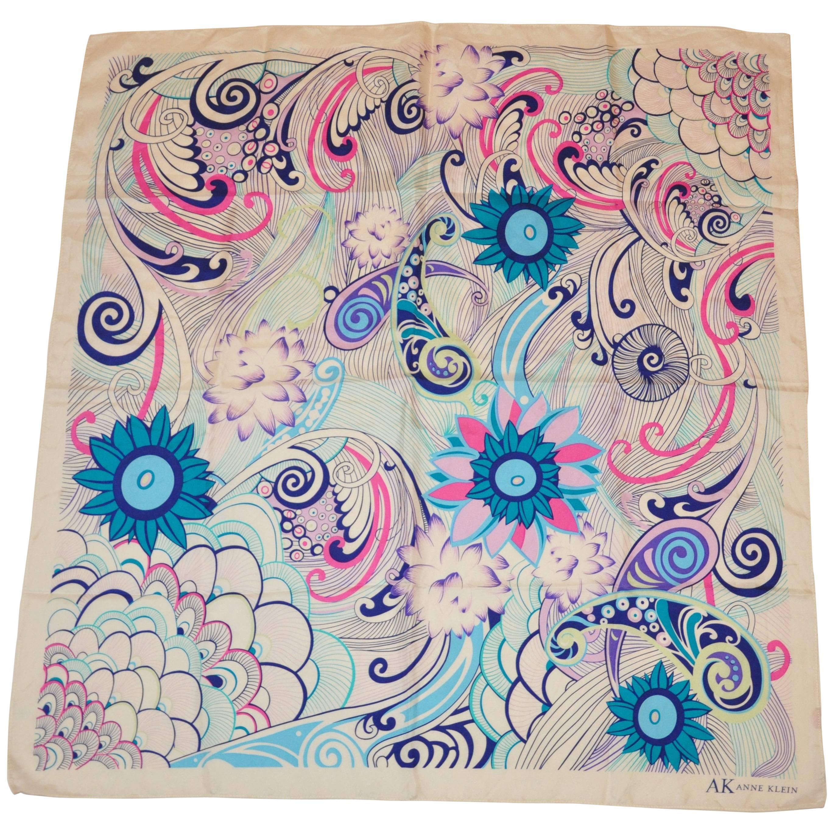 Anne Klein Multicolor Floral Swirls Silk Scarf For Sale