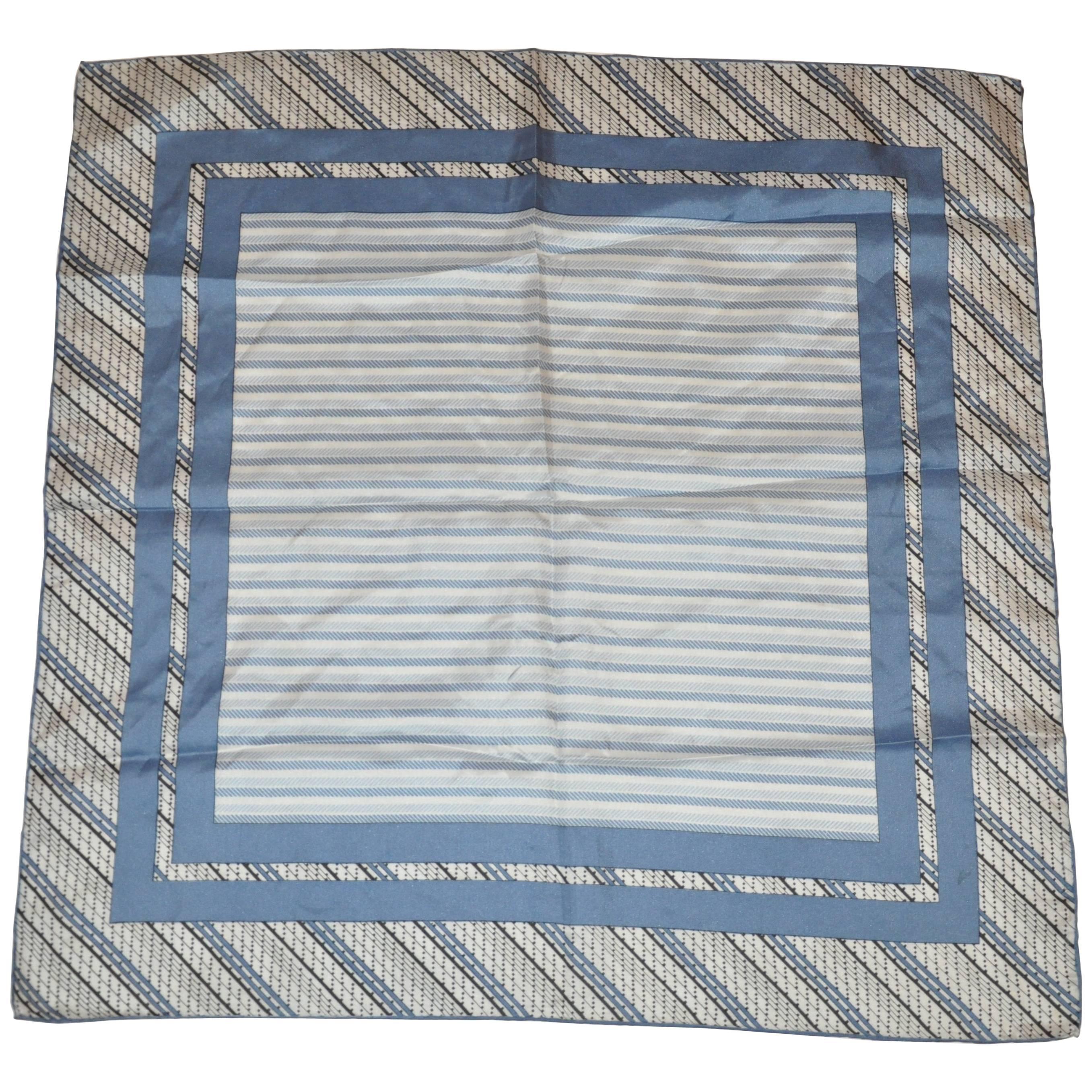 Blue and Black Stripes and Dots Border with Multi Blues Stripe Center Silk Scarf