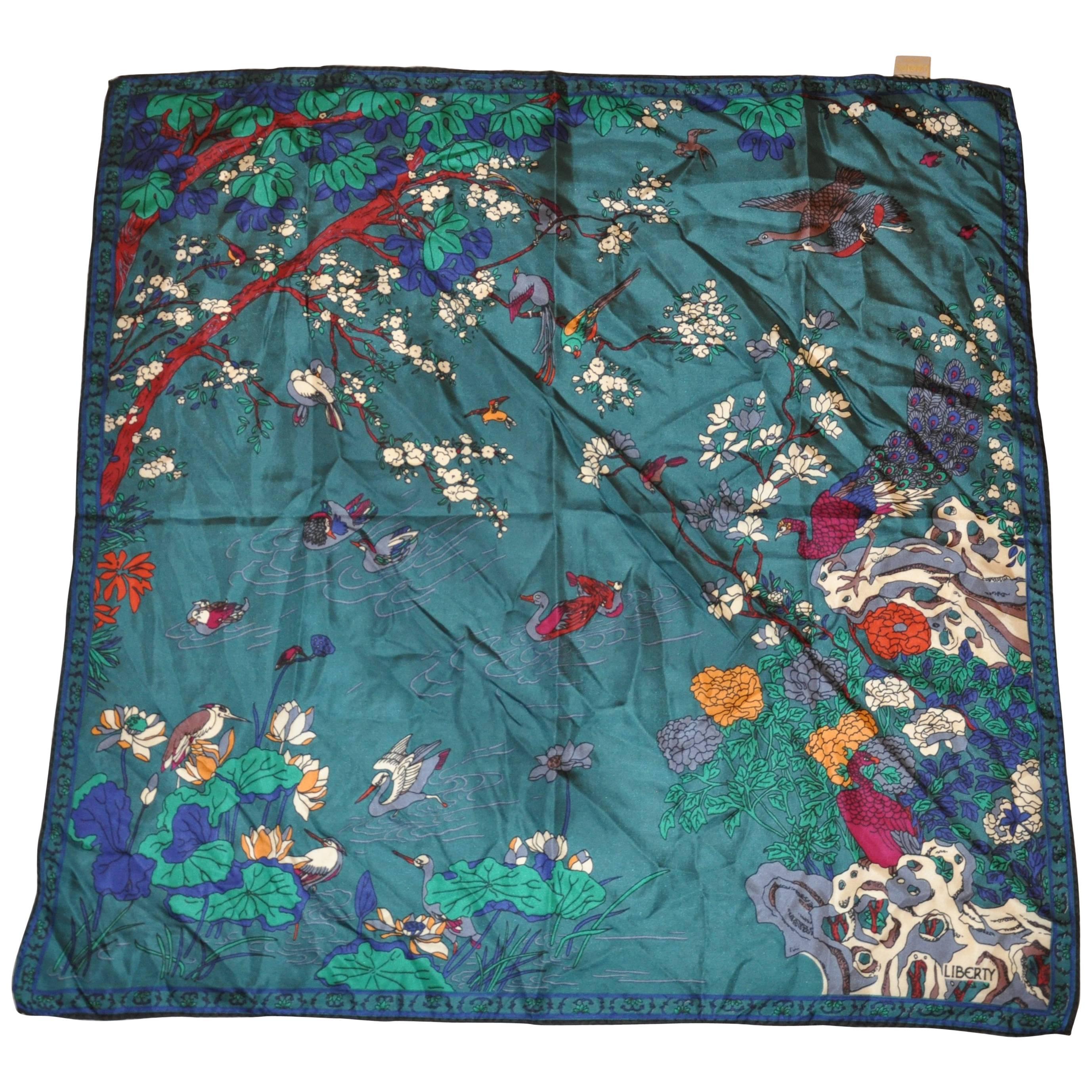 Liberty Forest Green Forest of Birds Silk Jacquard Scarf