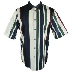 Men's MARNI Size L White Green Burgundy & Navy Stripe Cotton Short Sleeve Shirt