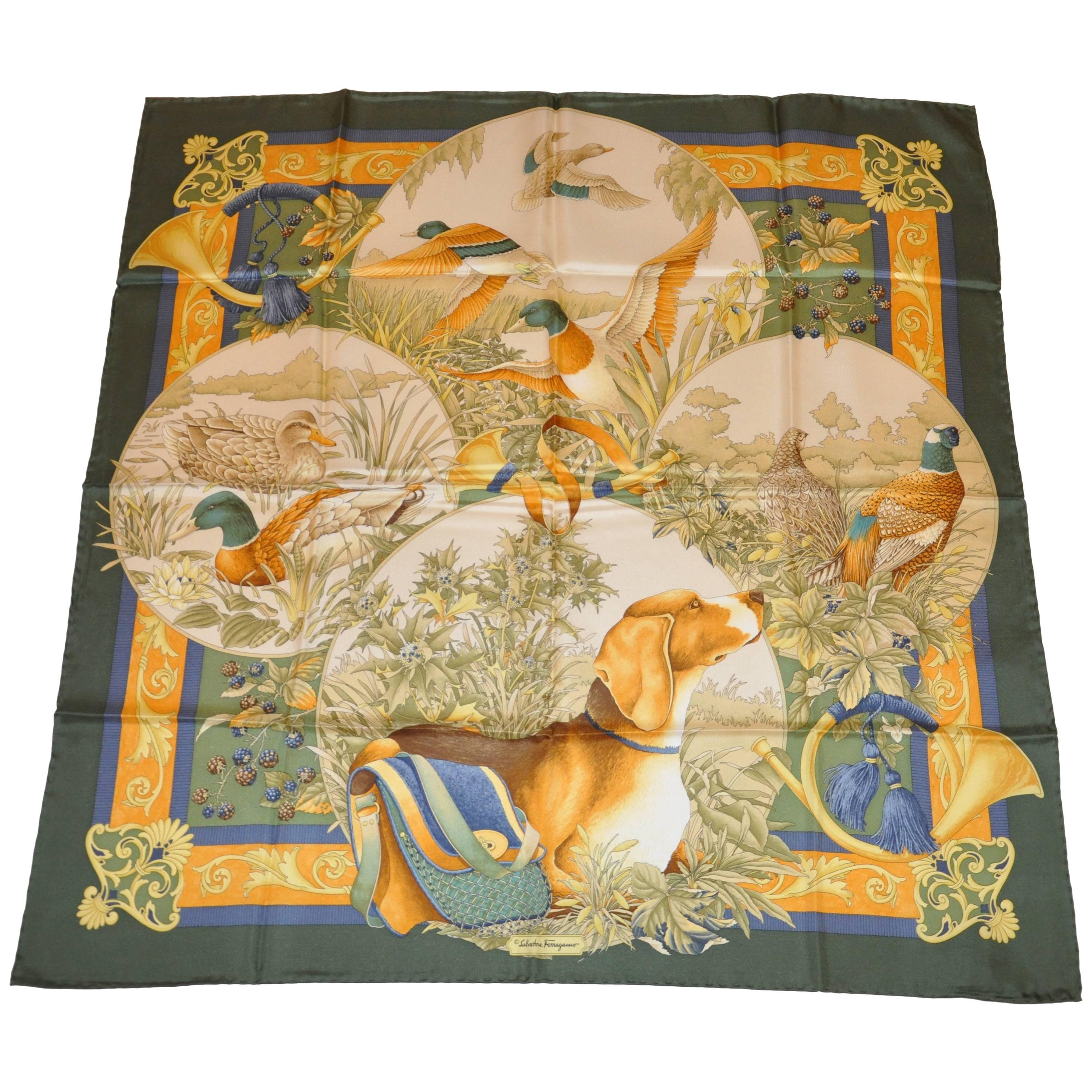 Ferragamo Hound and Collection of Fowls Silk Jacquard Scarf