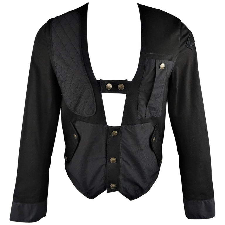 Men's CLOAK S Black Cotton Cutout Harness Combat Collarless Jacket at