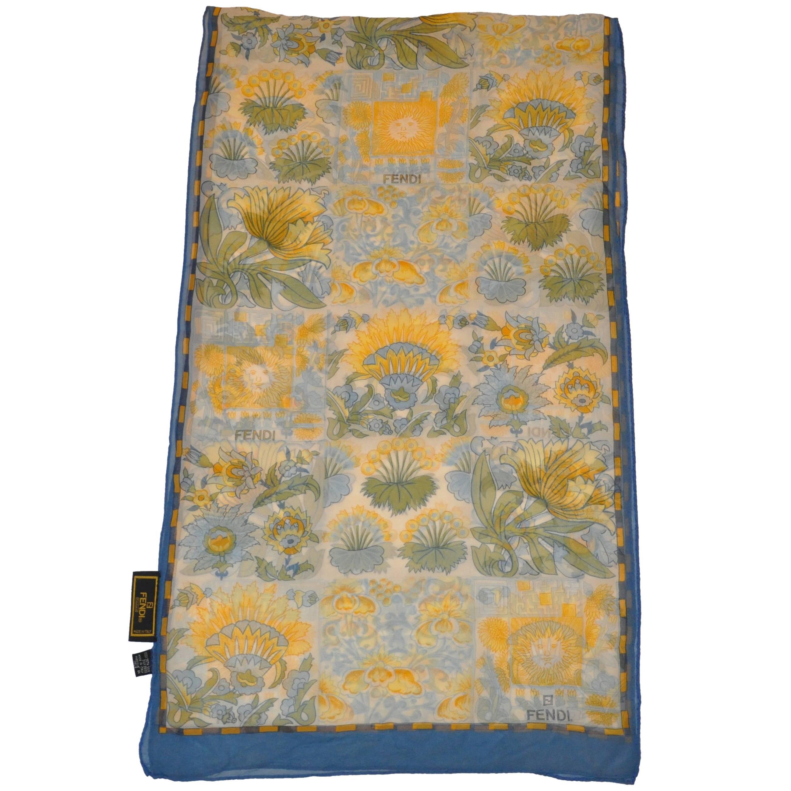 Fendi Collection of Floral Shades of Olive and Green Silk Chiffon Scarf For Sale