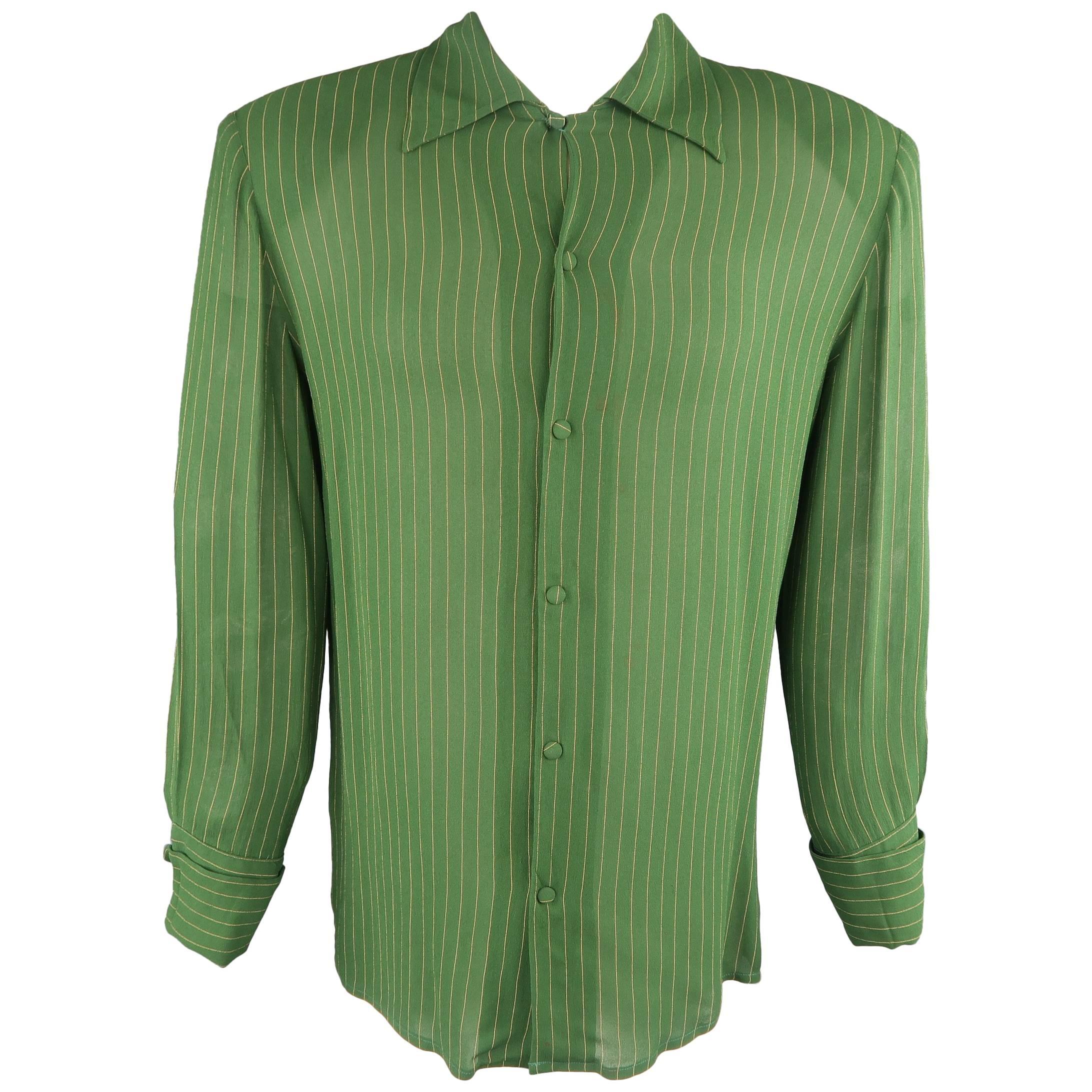 Jean Paul Gaultier Men's Green and Yellow Pinstripe Crepe French Cuff Shirt