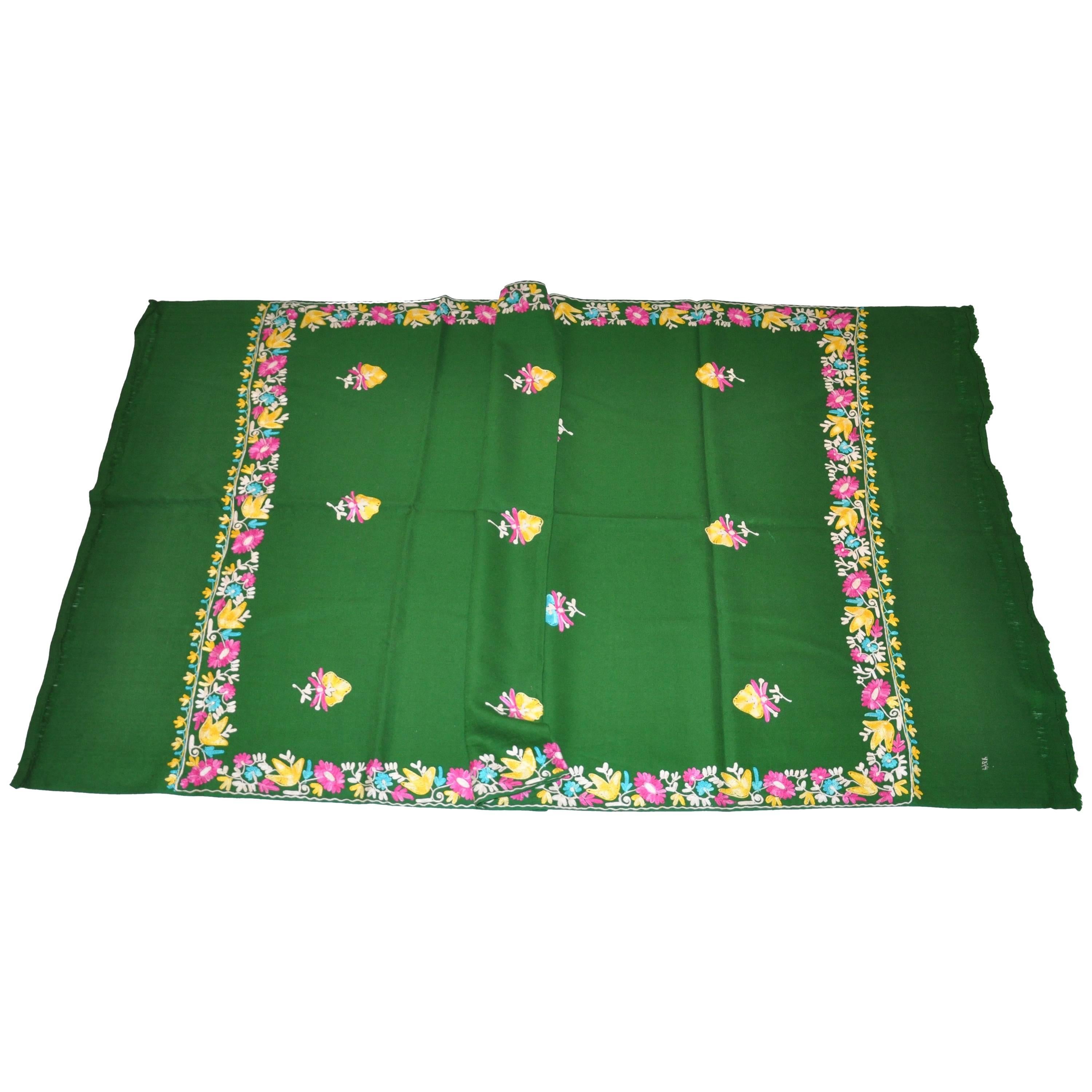 Large Green Wool Challis Hand-Embroidered Multicolor Floral Scarf