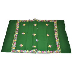 Vintage Large Green Wool Challis Hand-Embroidered Multicolor Floral Scarf