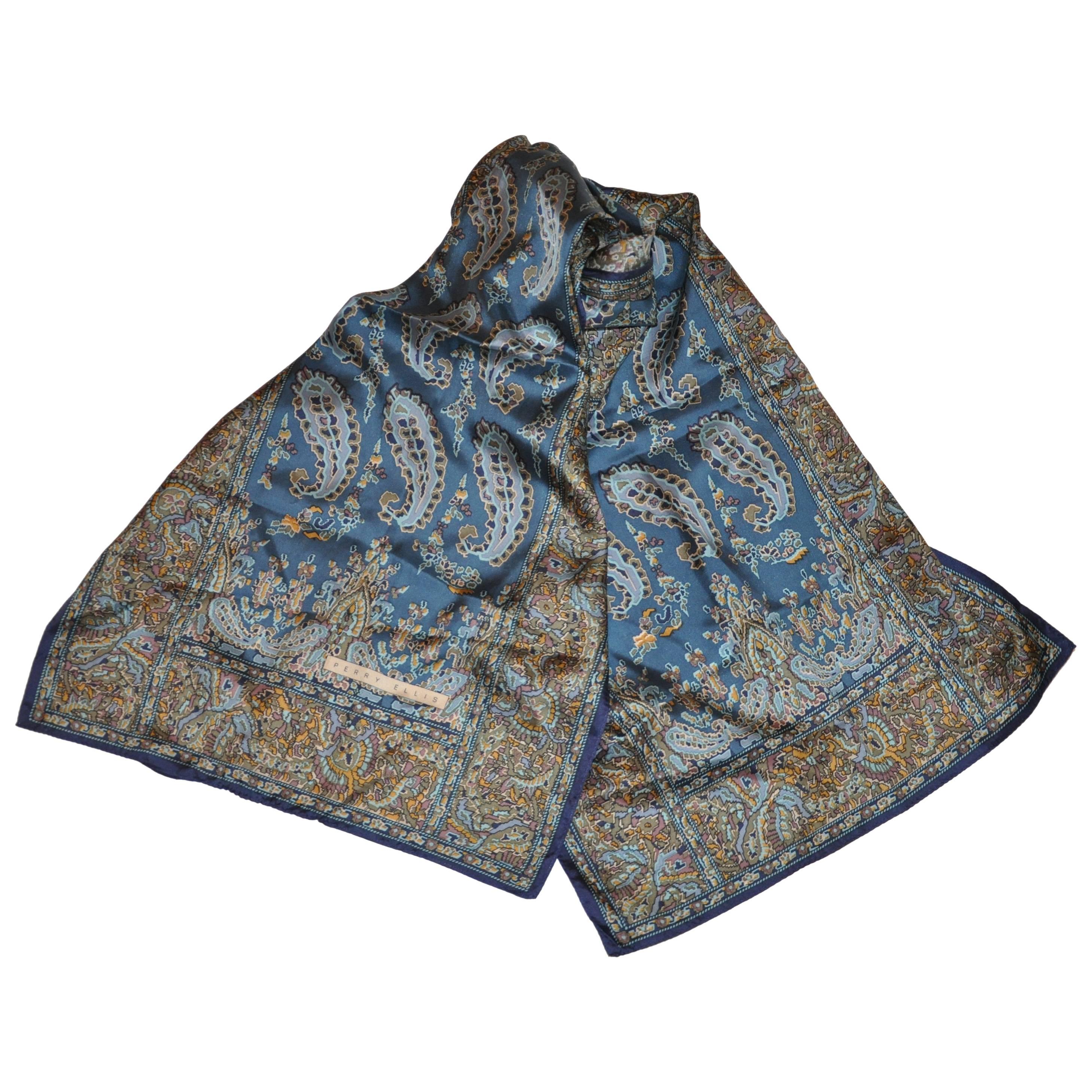 Perry Ellis Collection of Paisleys with border silk scarf For Sale