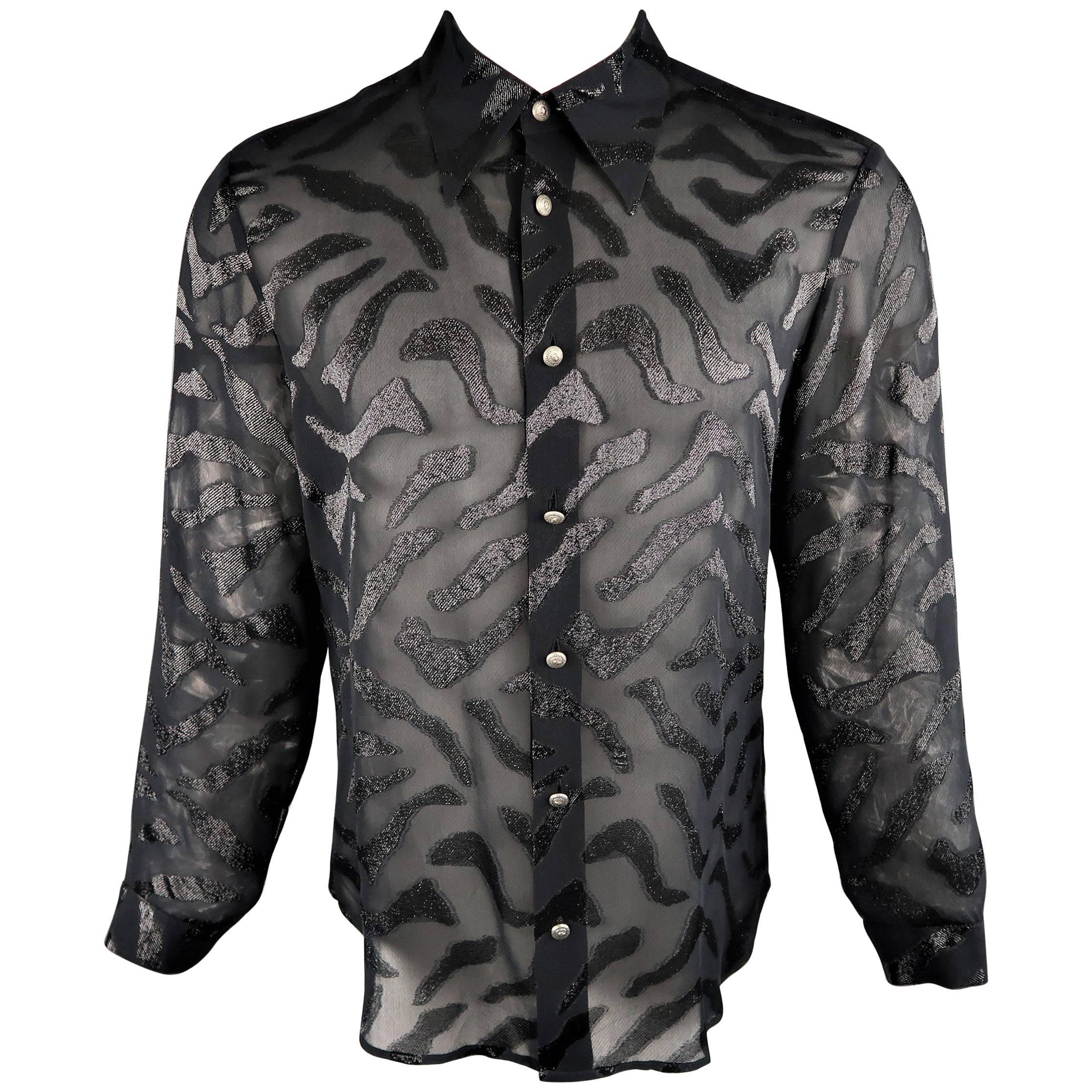 Men's VERSUS by GIANNI VERSACE Size S Black Tiger Print Silk Blend Burnout Shirt