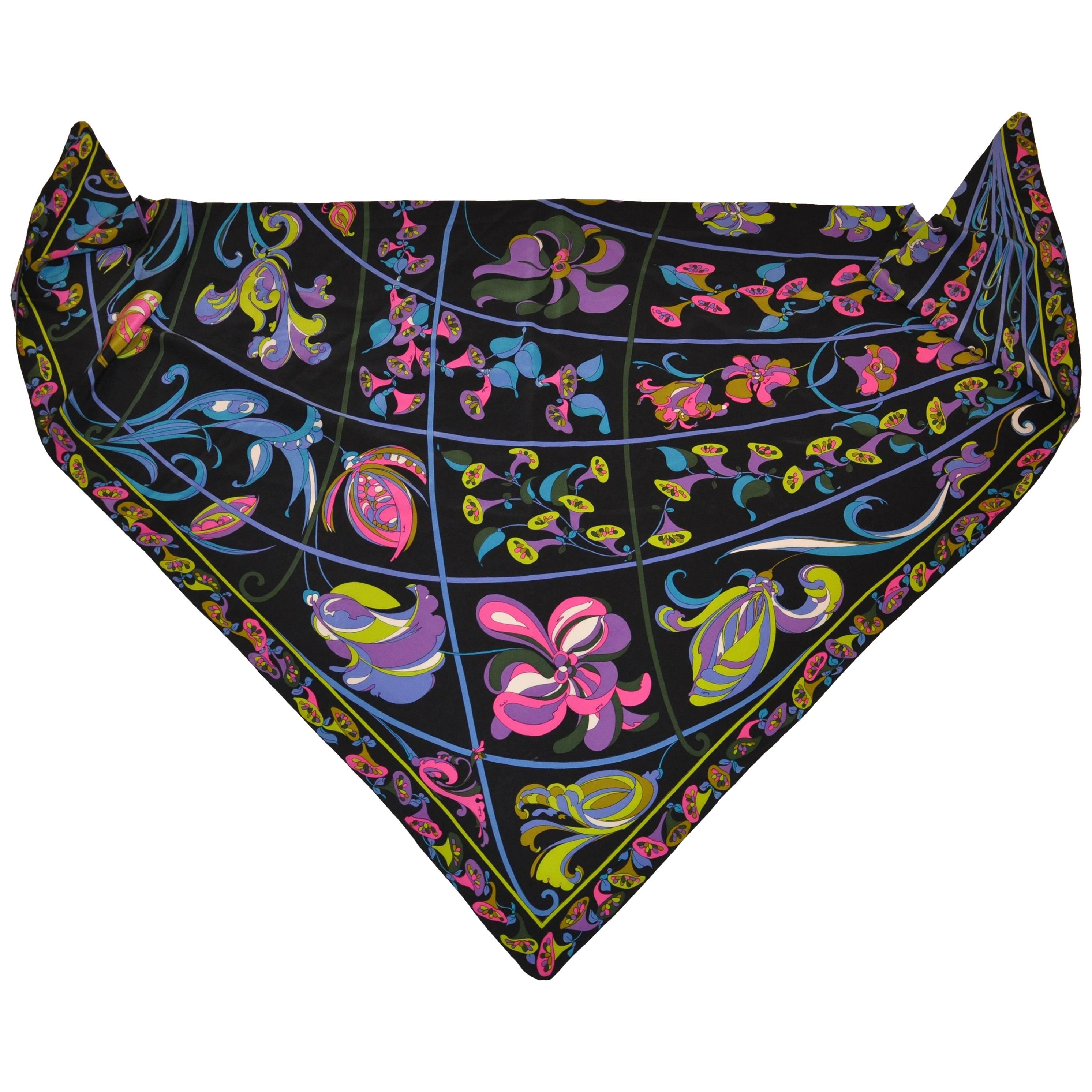 Emilio Pucci Large Signature Triangle Bold Whimsical Floral Silk Scarf