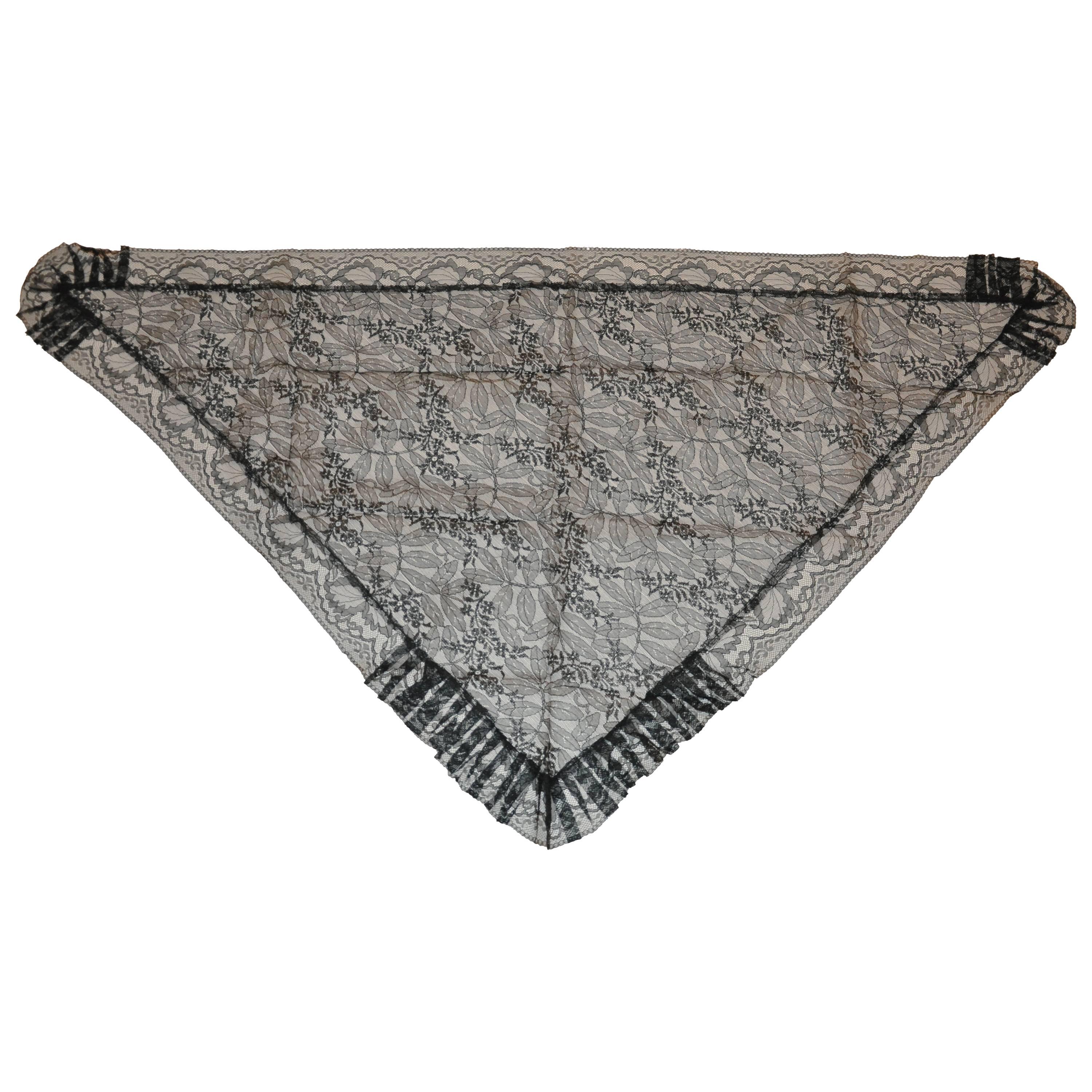 Black Swiss Lace "Widow" with Pleated Borders" Scarf For Sale