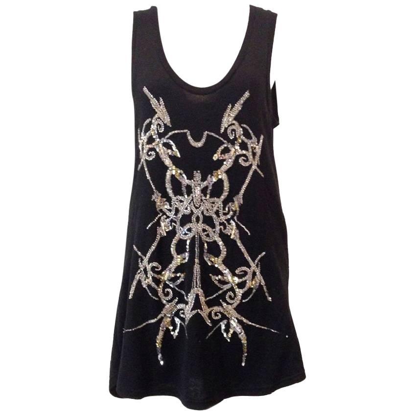 BALMAIN Long T-Shirt or Dress in Black Embroidered Cotton and Cashmere
