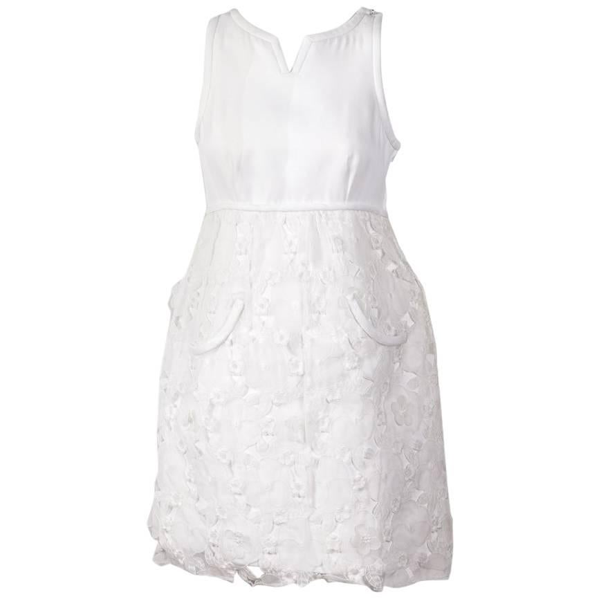COURREGES Vintage White Dress in Polyester and Floral Organdi Floral Lace 36FR