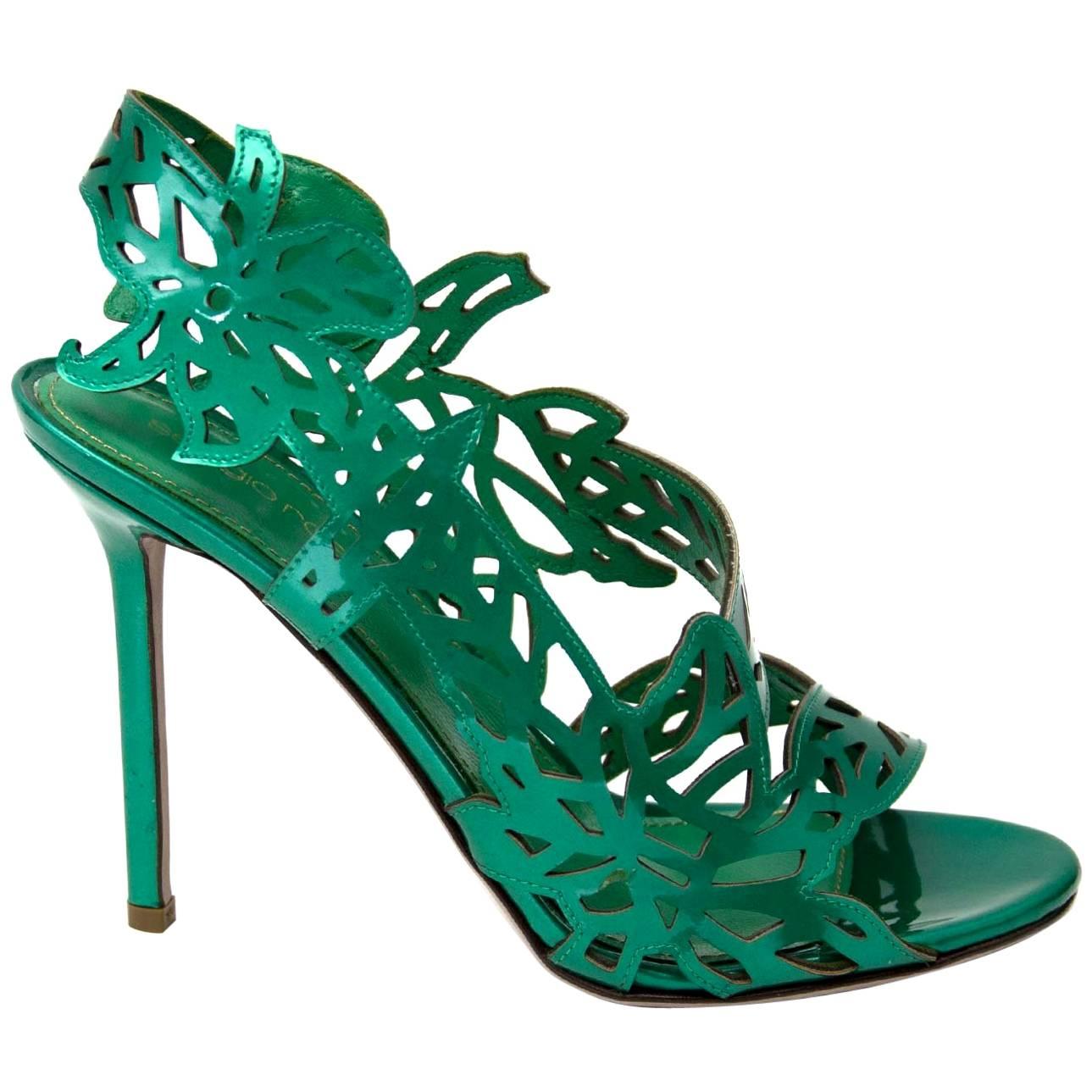 ﻿﻿Sergio Rossi Patent Green Cut-Out Sandals  For Sale