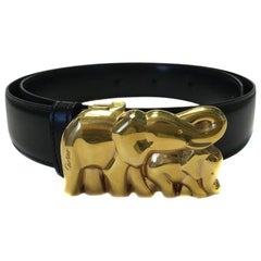 CARTIER Belt in Black Leather and Gilded Elephant Buckle 