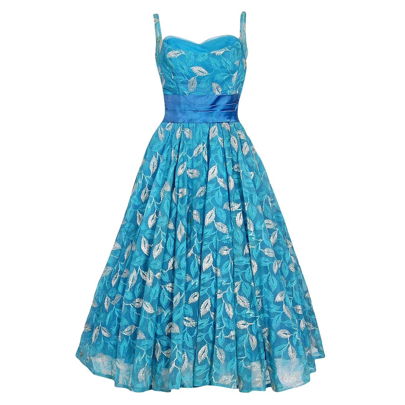 Vintage 1950's Metallic Leaves Embroidered Blue Chiffon Sash-Bow Party Dress
