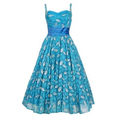 Vintage 1950's Metallic Leaves Embroidered Blue Chiffon Sash-Bow Party Dress
