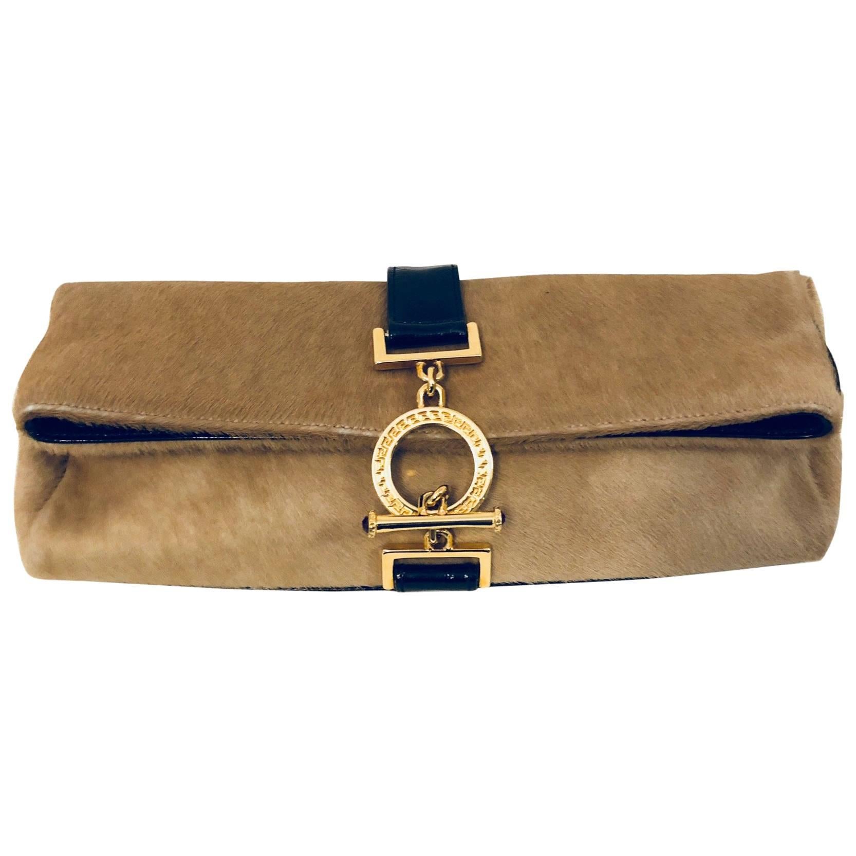 Gianni Versace Beige and Black Pony Hair Clutch  For Sale