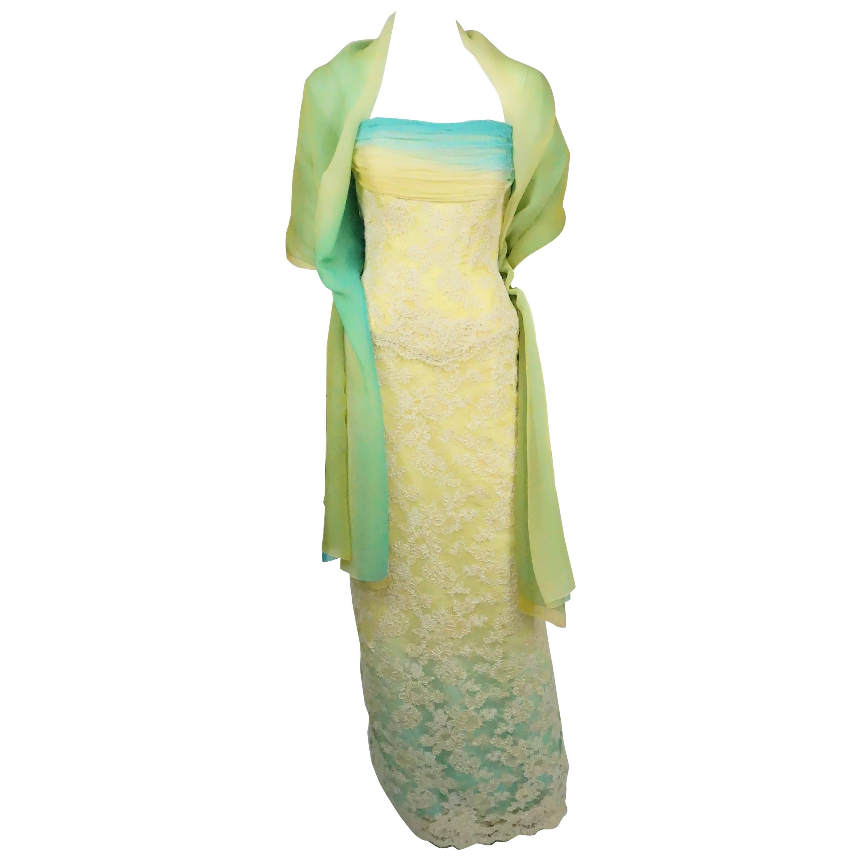 Vickey Tiel Couture Yellow & Turquoise Lace and Silk Gown w/ Shawl - 6 