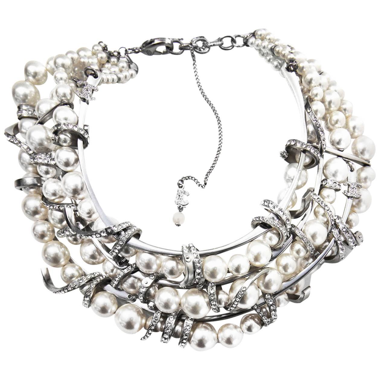 Chanel Three-Strand Graduated Pearl and Crystal Coil Choker Necklace, 2016  