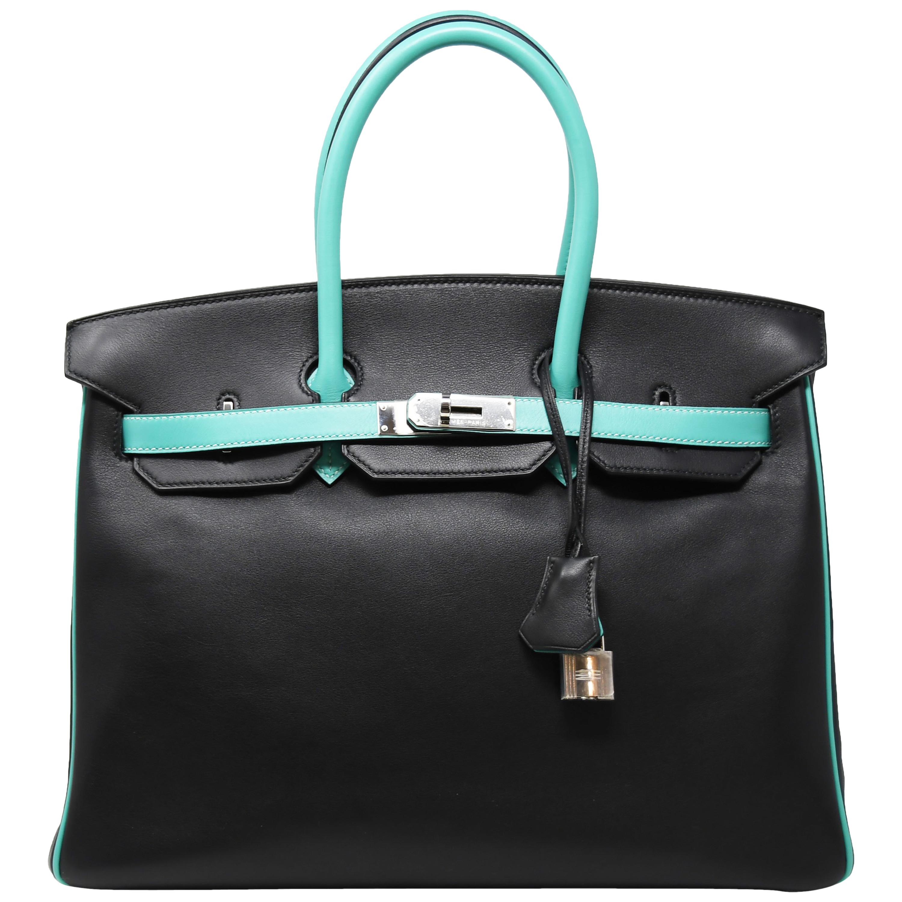 Hermes Birkin Bag 35cm HSS Bi Color Black and Lagoon PHW For Sale
