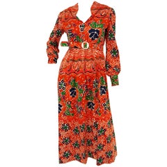 1970s Joan Leslie Red Floral Knit Wear Maxi Dress