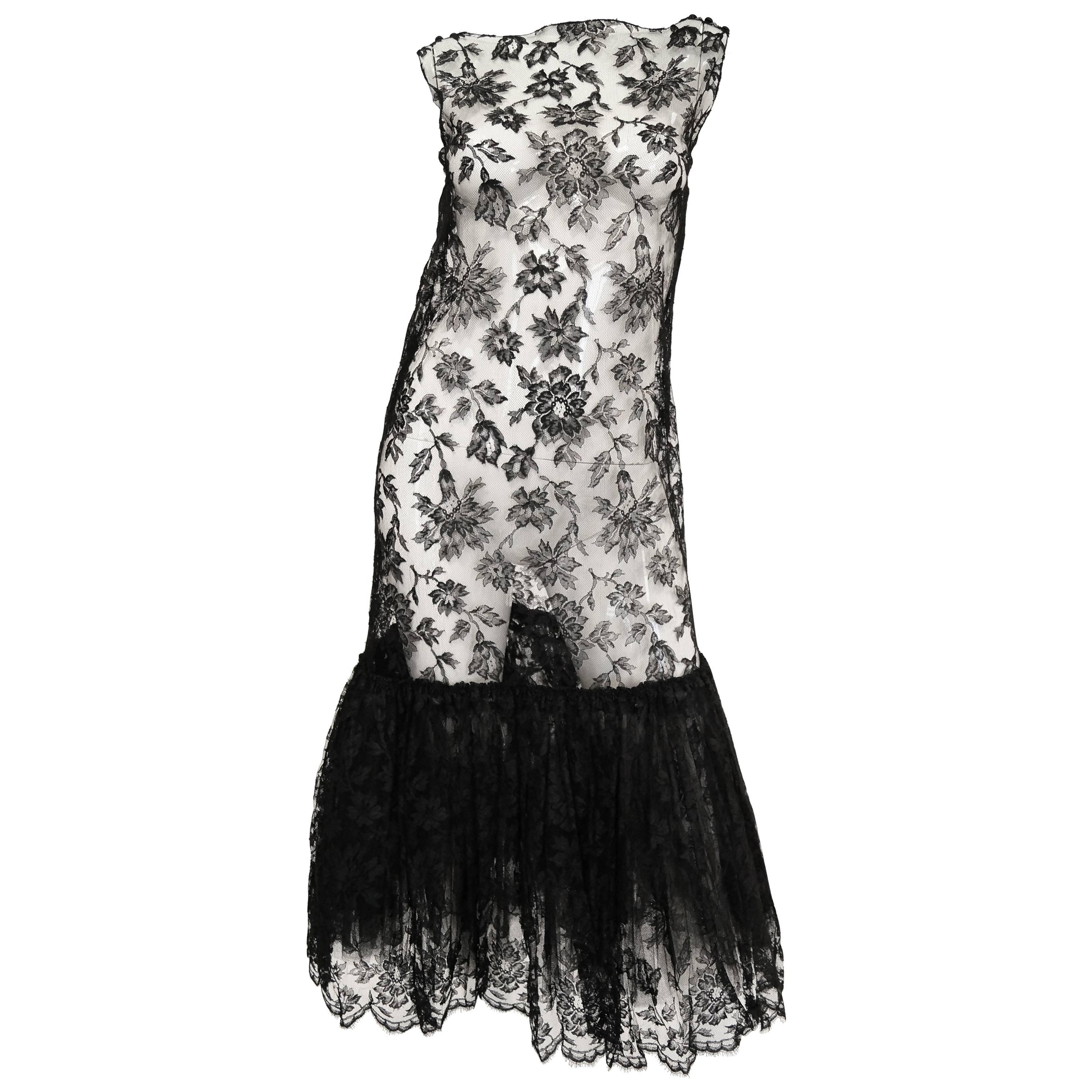 Sheer Black Lace Fluted Ruffle Dress, 1920s 