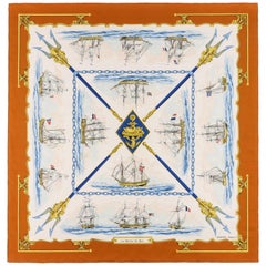 HERMES Hugo Grygkar "La Marine en Bois" Nautical Ship Trident Print Silk Scarf