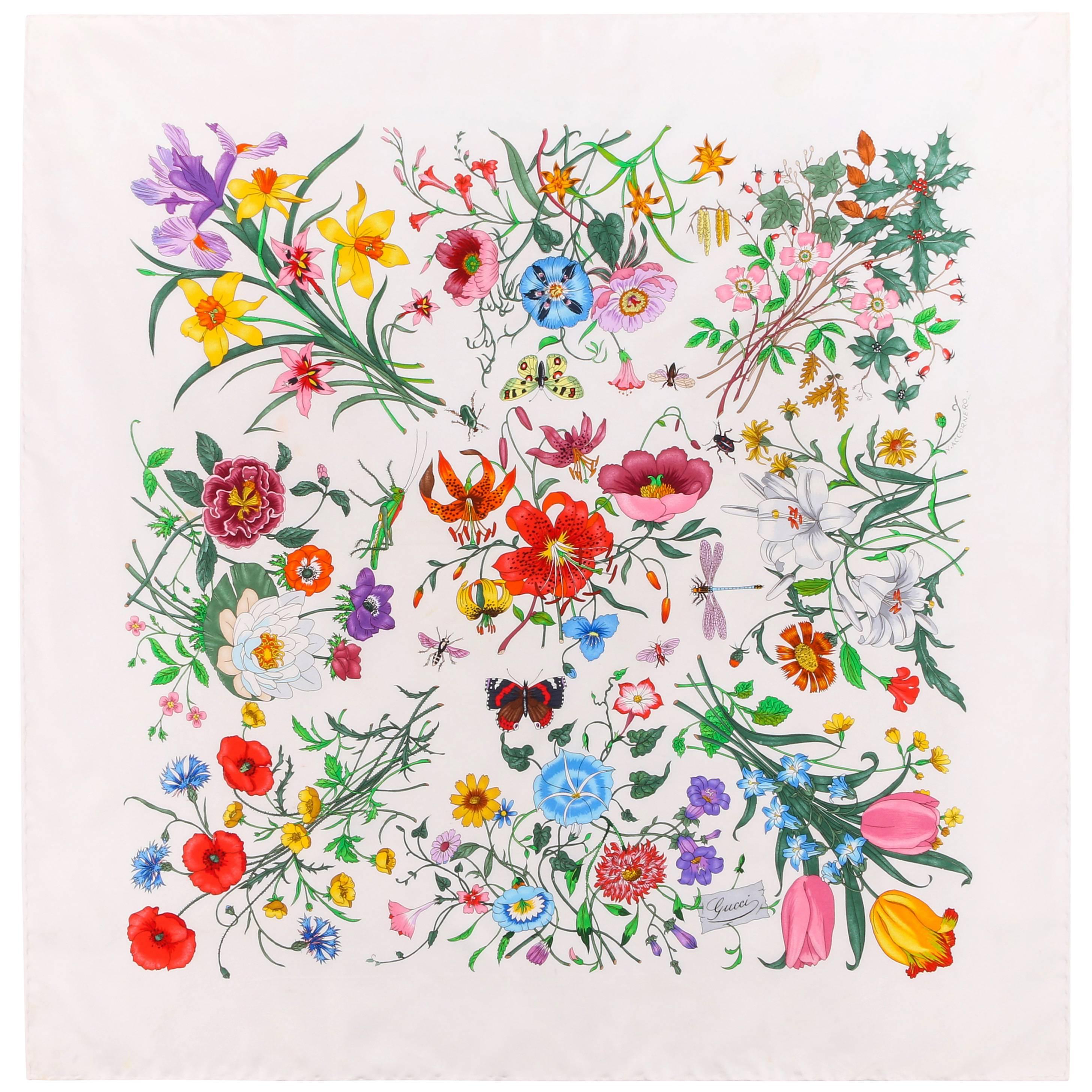 GUCCI Vittorio Accornero "Flora" White Multicolor Iconic Floral Print Silk Scarf