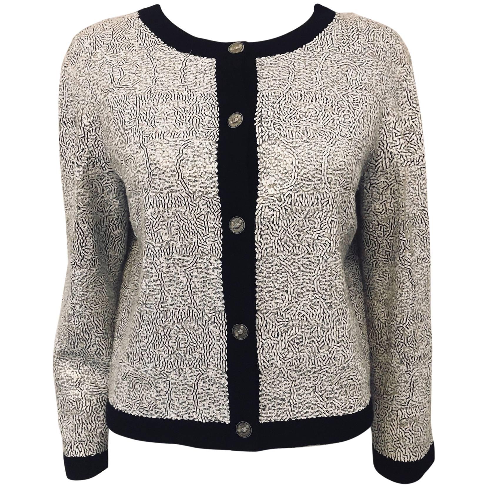 Conversational Chanel Word and Letters Sequined Black & White Cashmere Cardigan For Sale