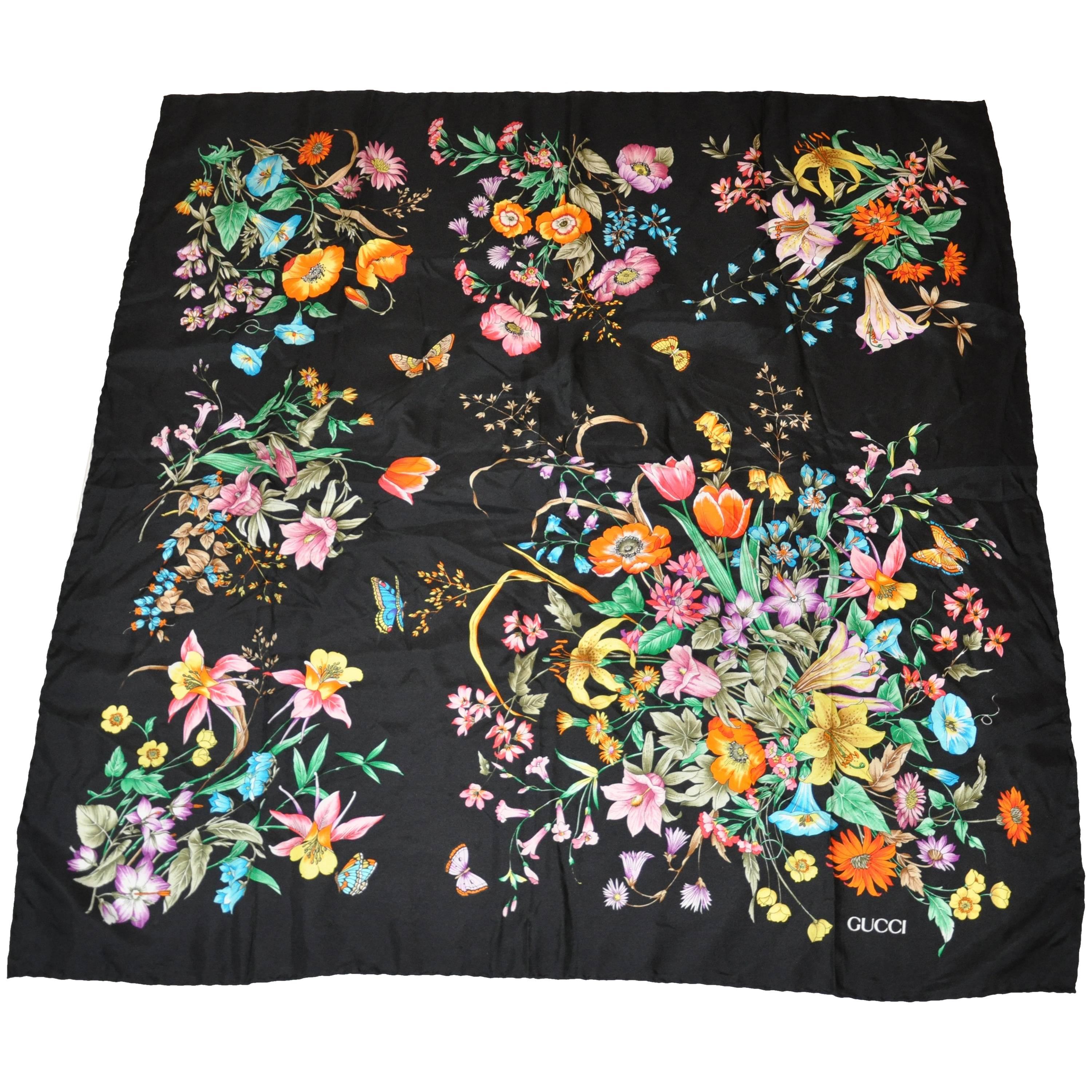 Gucci Signature Black "Collections of Floral Silk Jacquard Scarf