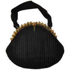 Black Brush-Suede Accented with Gilded Gold Hardware & Peridot Stones Handbag