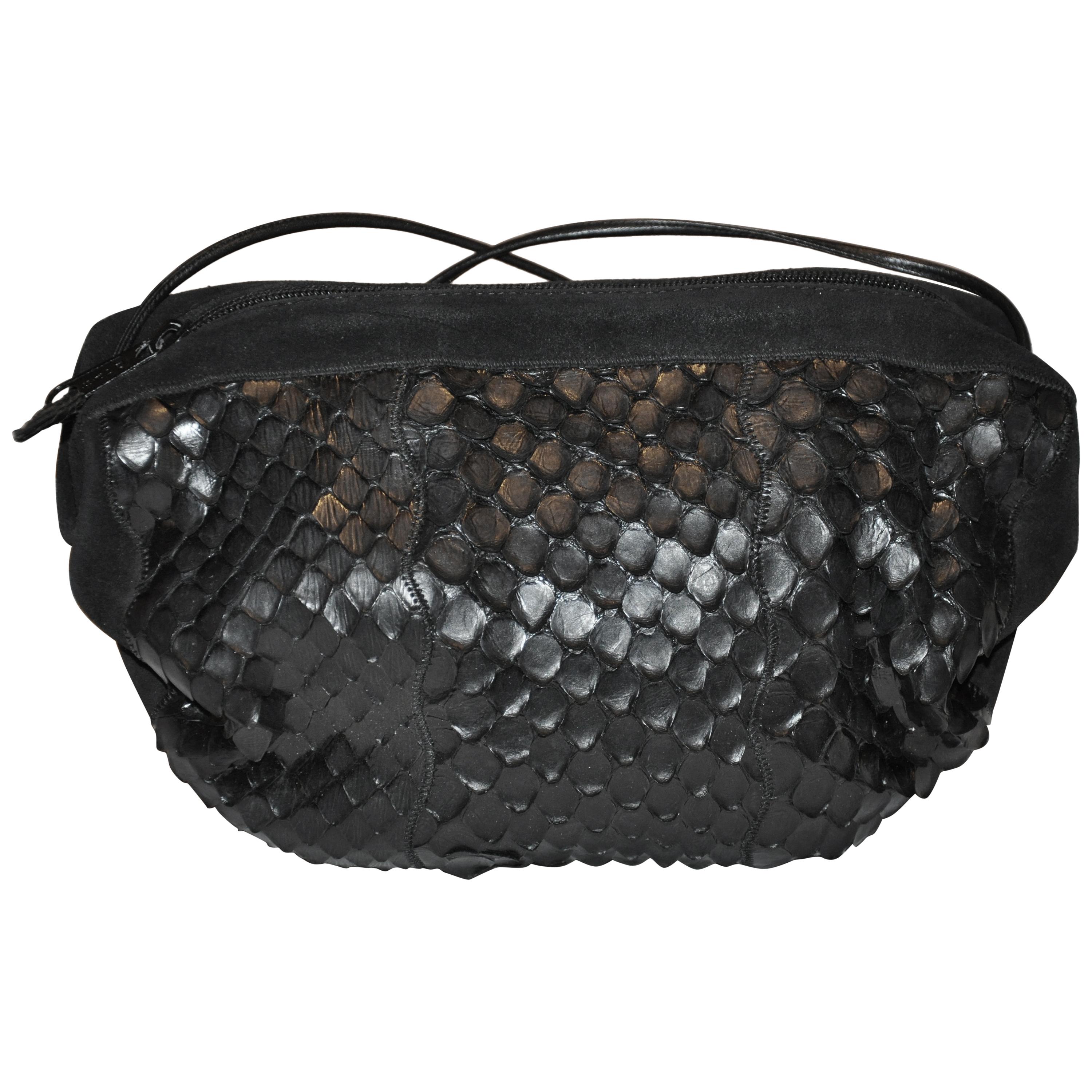 Carlo Falchi Black Suede Accented with Crocodile-Skin Shoulder Bag