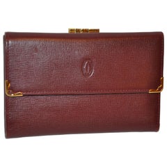 Retro Cartier Signature Burgundy Textured Calfskin Billfold / C.C. / Change Purse 