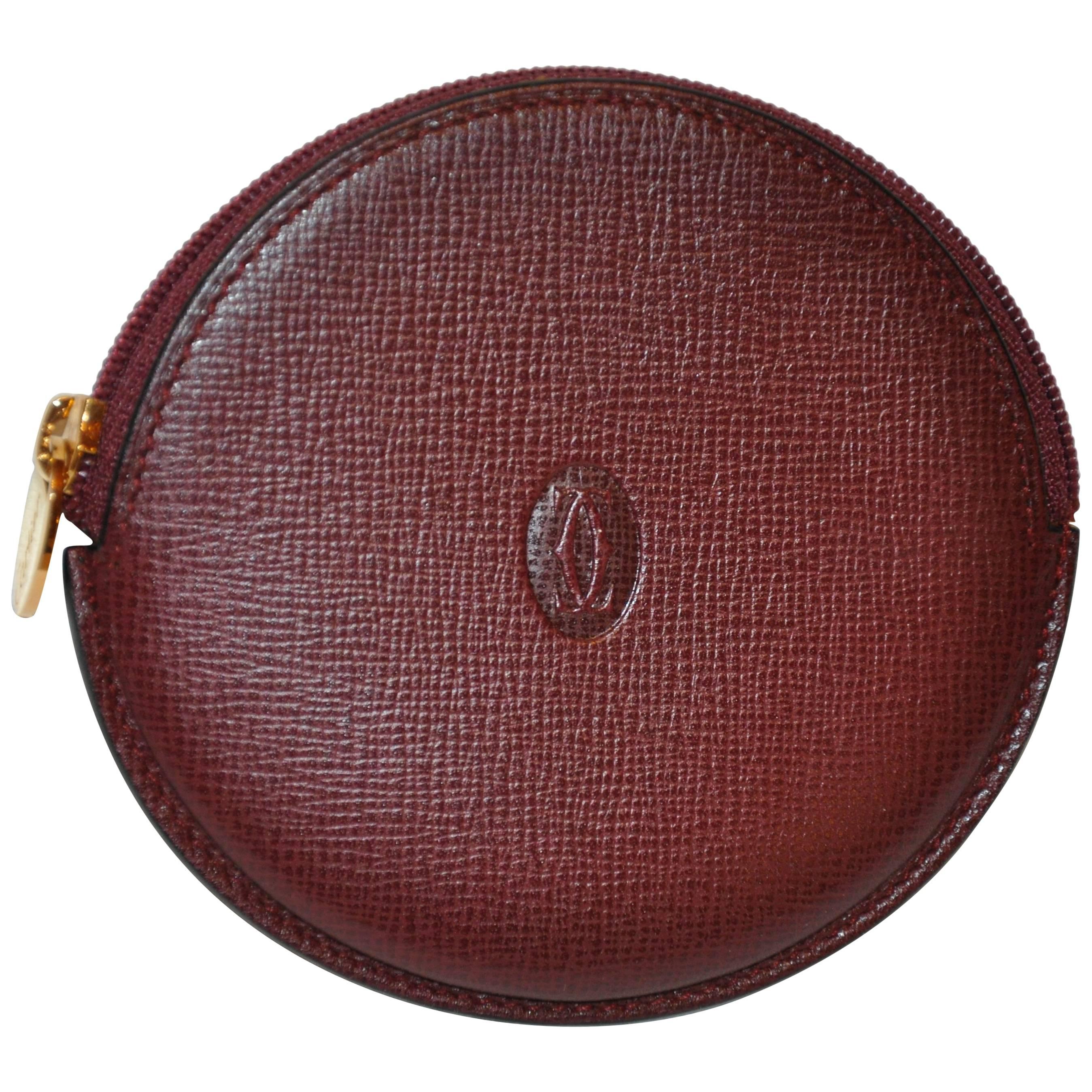 Cartier Signature Embossed Burgundy Textured Calfskin Zippered Change Purse 