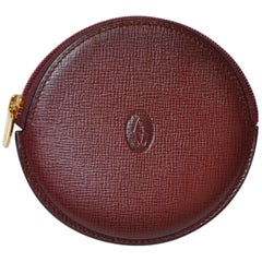 Retro Cartier Signature Embossed Burgundy Textured Calfskin Zippered Change Purse