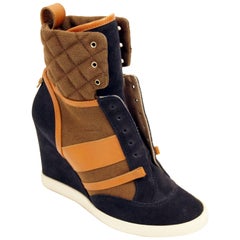 Chloé Blue and Brown Suede, Leather and Canvas Wedge Sneakers