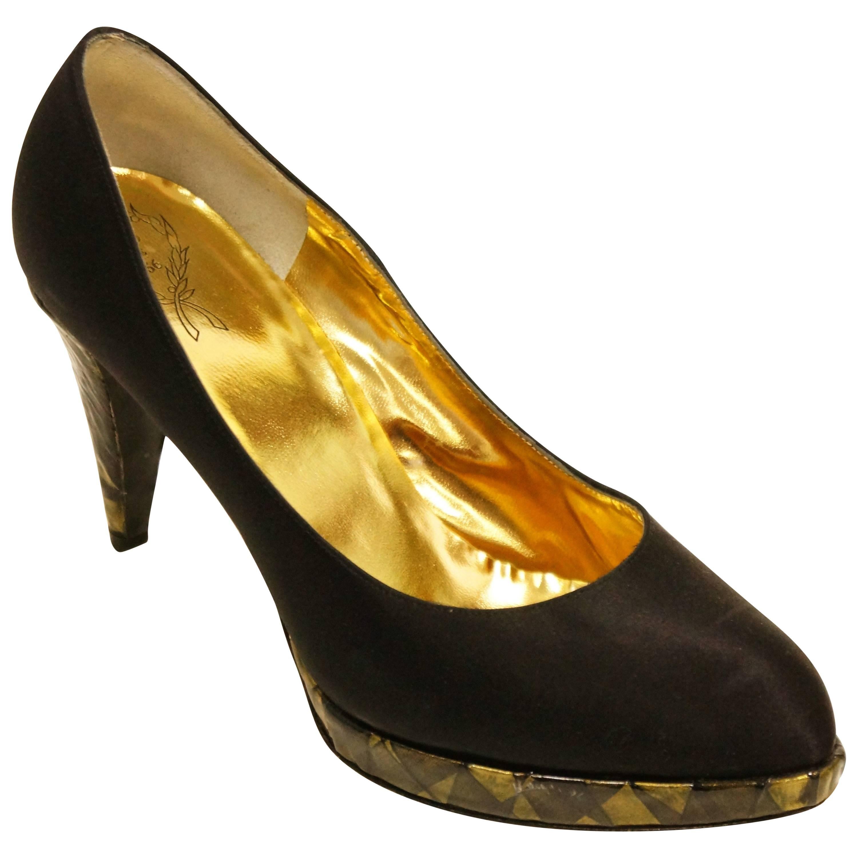 Rodo Black Satin Pumps with Gold Stained Glass Style Heel, 1980s For Sale
