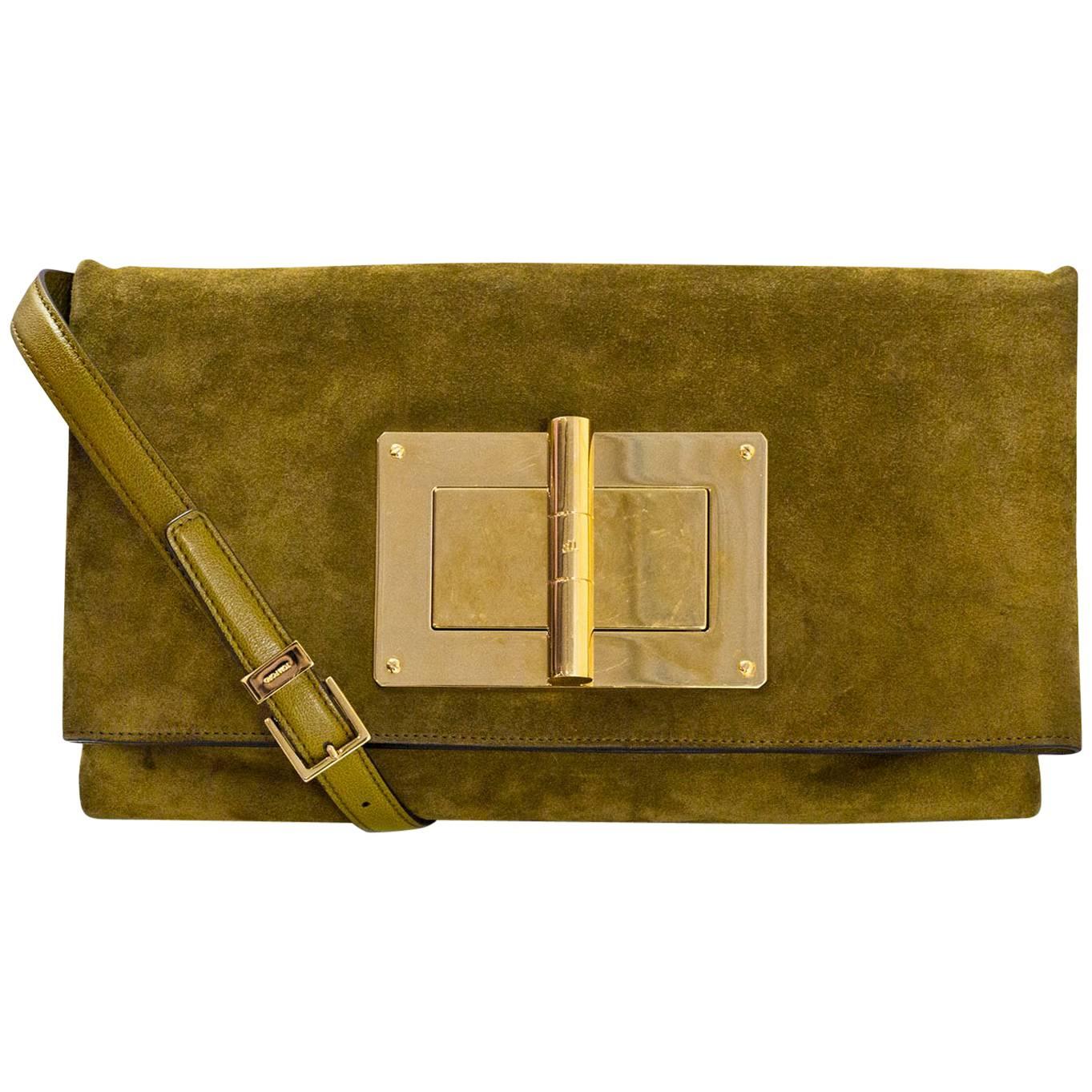 Tom Ford Olive Green Suede Natalia Turnlock Soft Clutch/Crossbody Bag