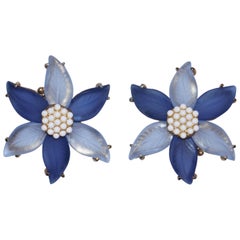Elsa Schiaparelli Blue Frosted Glass Floral Earrings, 1970s 