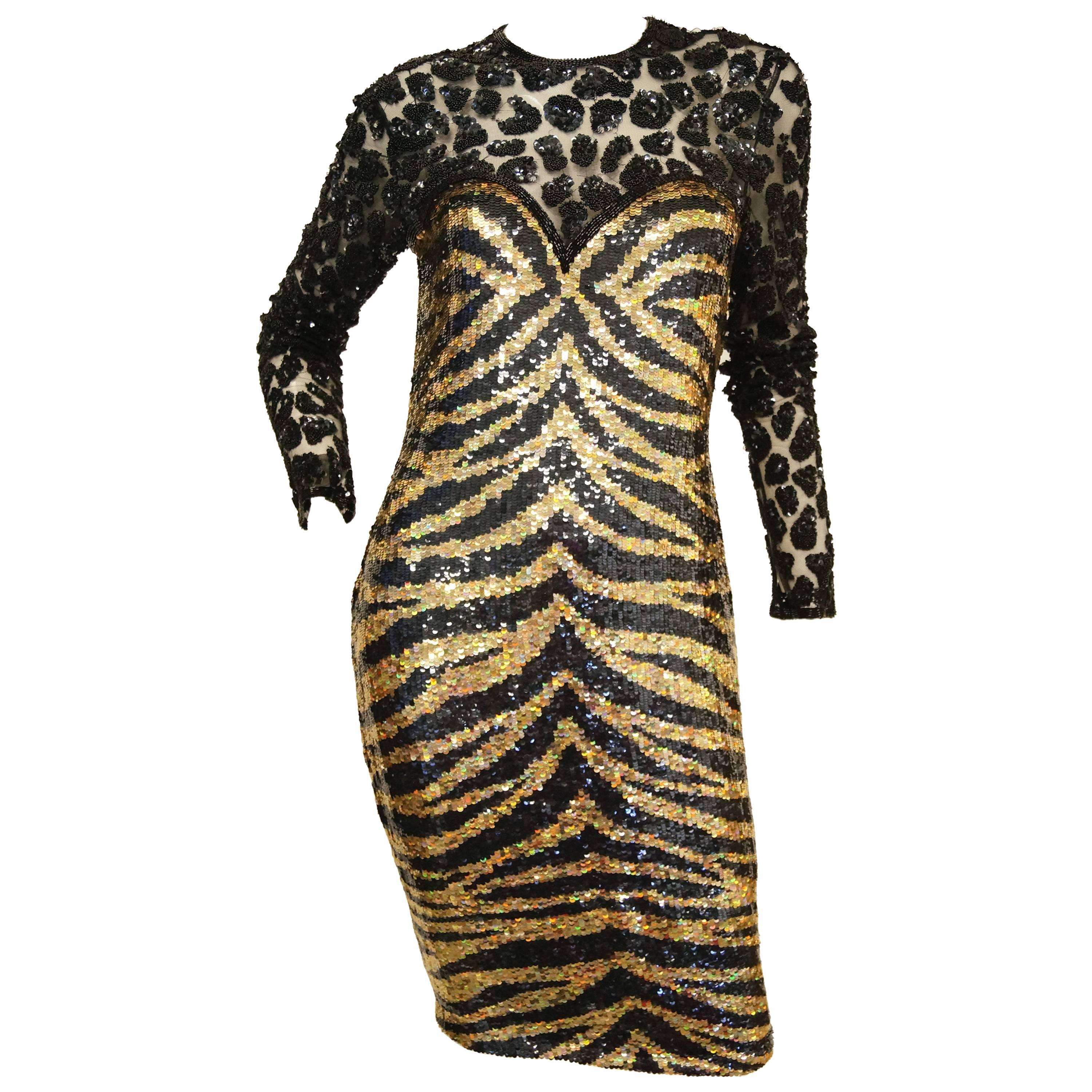 Naeem Khan Black and Gold Tiger and Cheetah Sequin Silk Dress, 1980s 