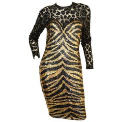 Vintage Naeem Khan Black and Gold Tiger and Cheetah Sequin Silk Dress, 1980s 