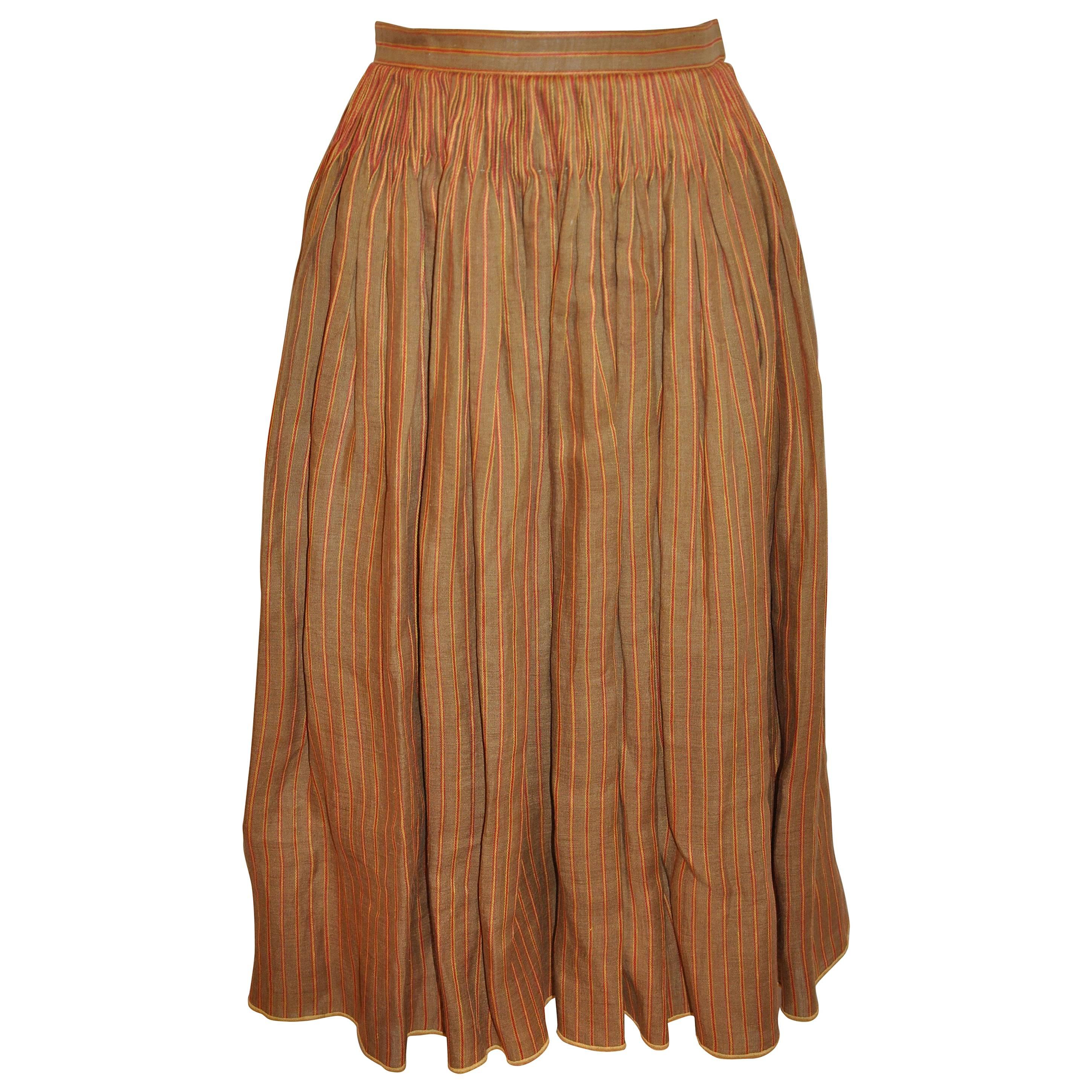 Oscar de la Renta Silk Linen Deep Tan Hand-Pleated Stripe Accent Pleated Skirt For Sale