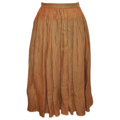 Vintage Oscar de la Renta Silk Linen Deep Tan Hand-Pleated Stripe Accent Pleated Skirt