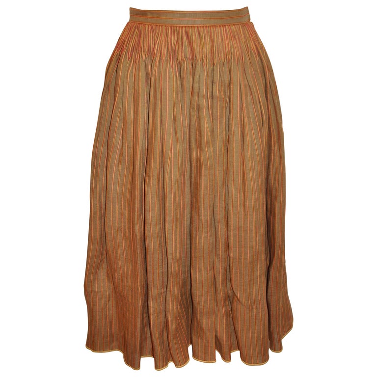 Oscar de la Renta Silk Linen Deep Tan HandPleated Stripe Accent