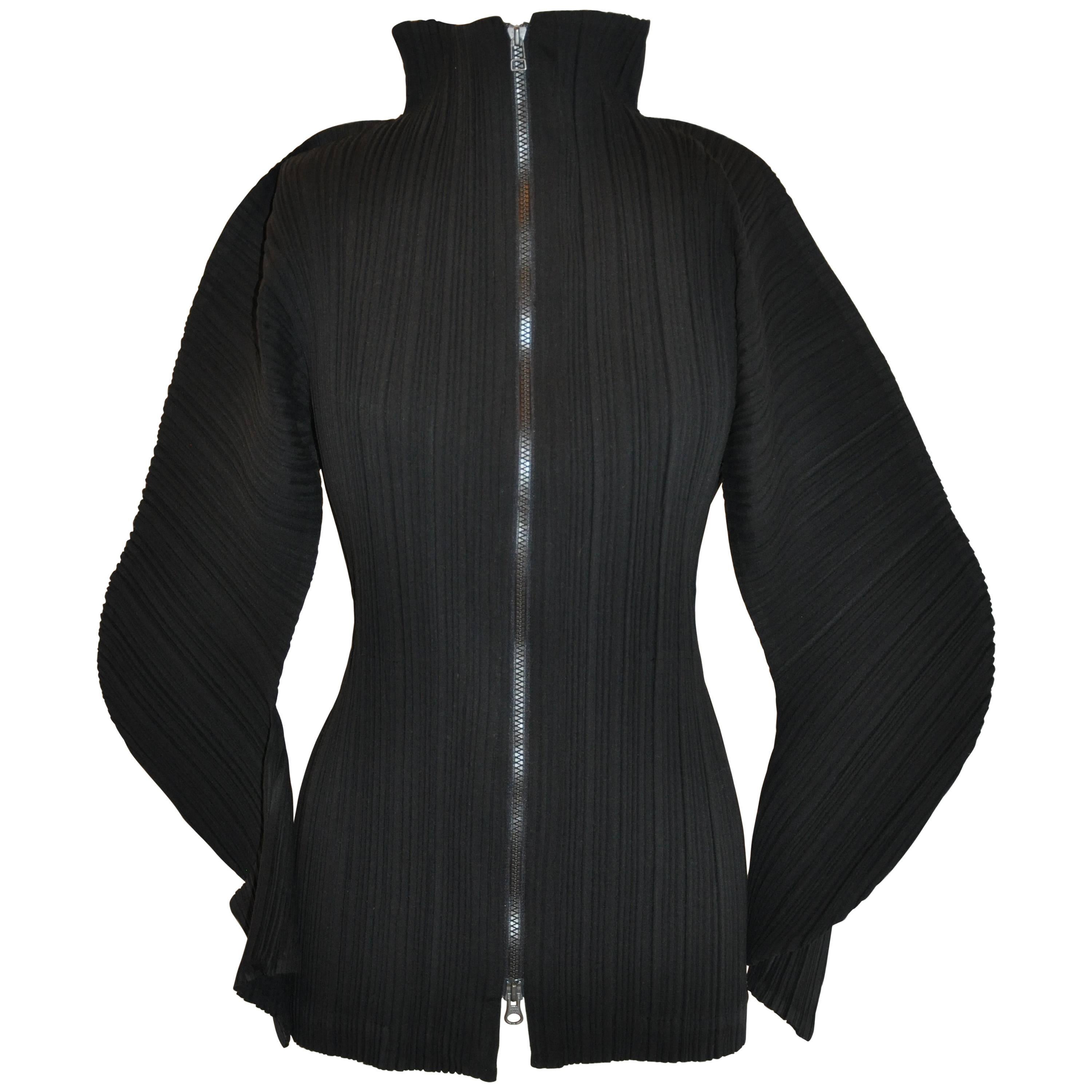 Issey Miyake Signature Black HighNeck Double Zipper Deconstructed Sleeves Top For Sale