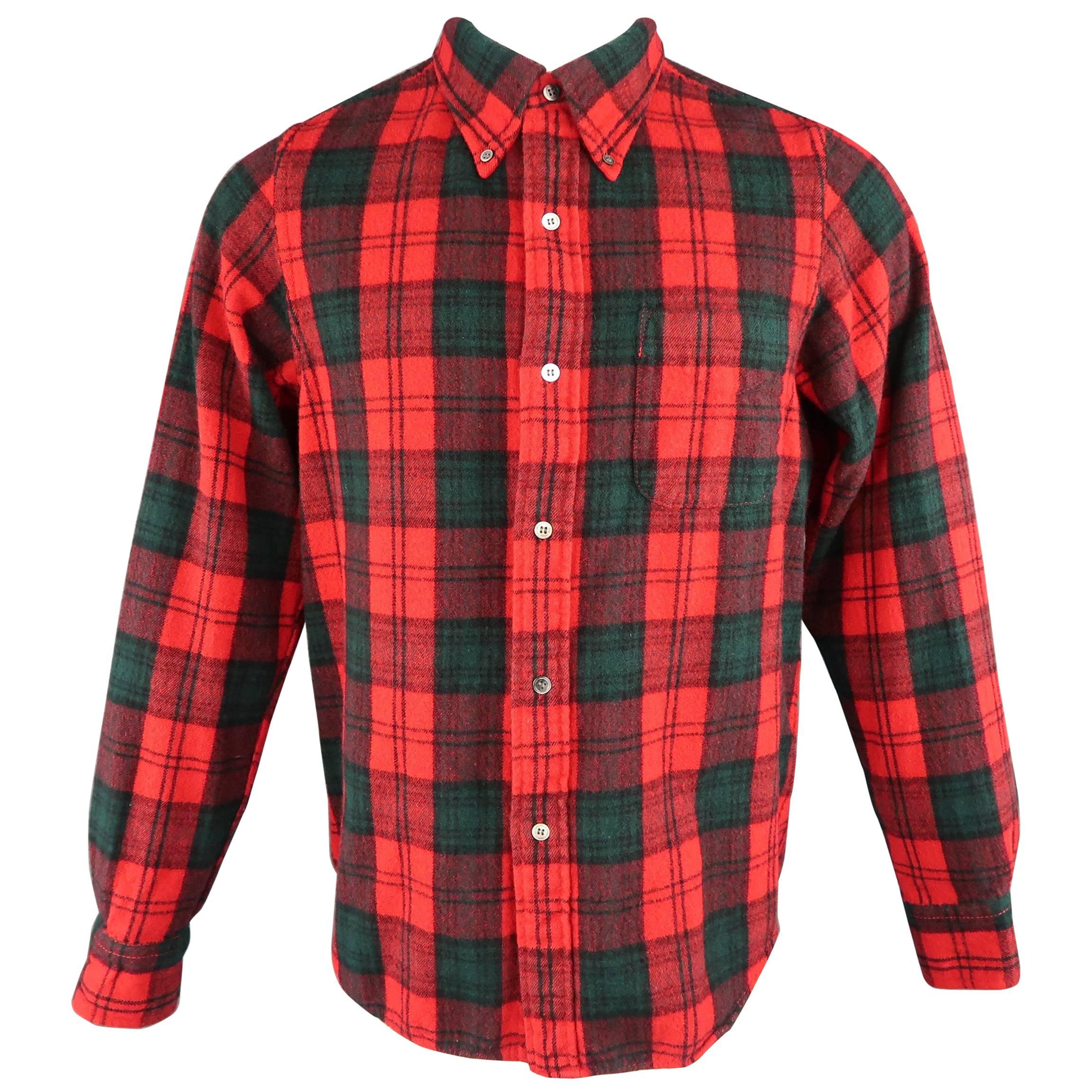 Men's JUNYA WATANABE Size S Red & Green Plaid Wool Blend Button Down Flannel Shi