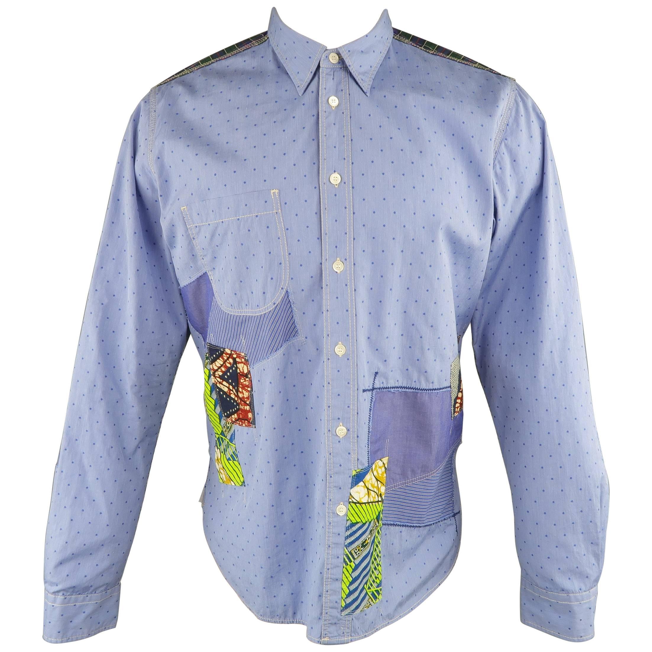Men's JUNYA WATANABE Size L Blue Dotted Patchwork Cotton Long Sleeve Shirt