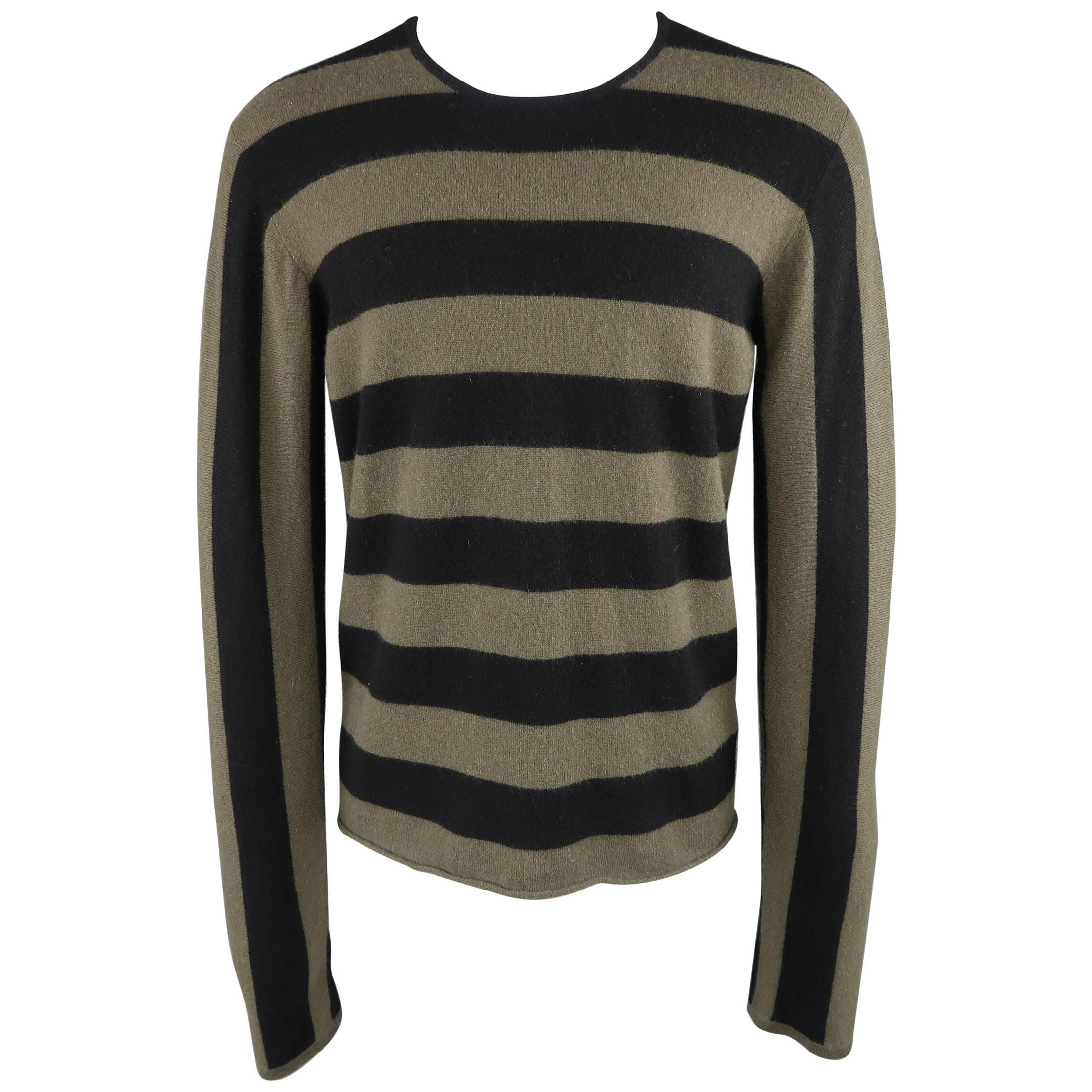 Men's JIL SANDER Size XL Black & Olive Green Striped Cashmere Pullover Sweater