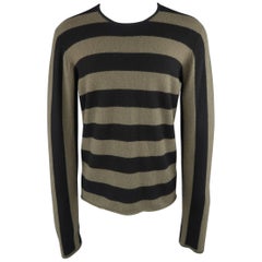 Men's JIL SANDER Size XL Black & Olive Green Striped Cashmere Pullover Sweater