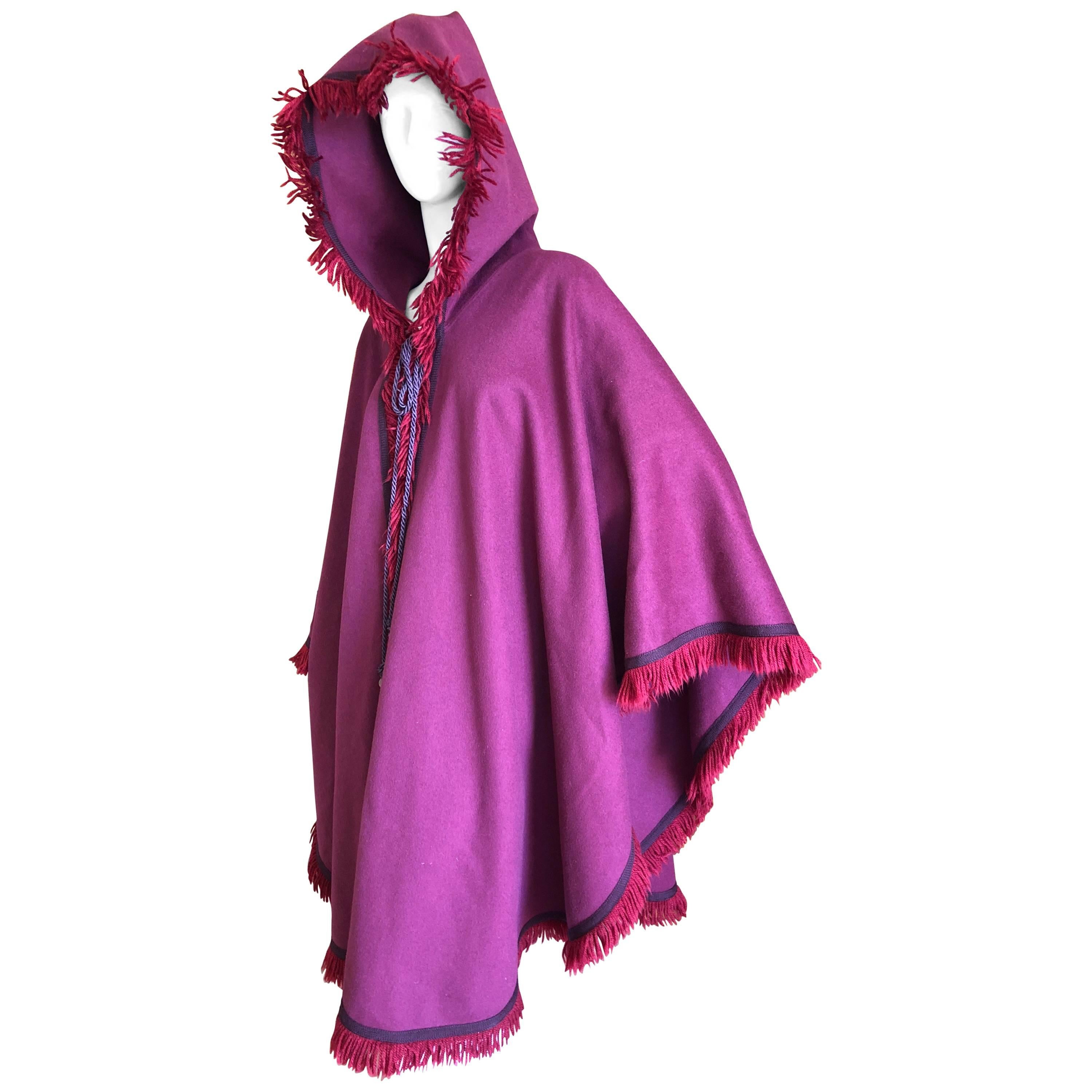 Yves Saint Laurent Rive Gauche Fringed Fuchsia Cape with Hood and Tassel For Sale